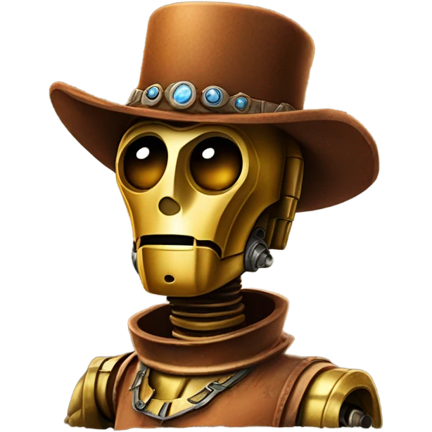 wild west Bounty hunter C3po wearing a small hat relaxed pose bearded rusty emoji
