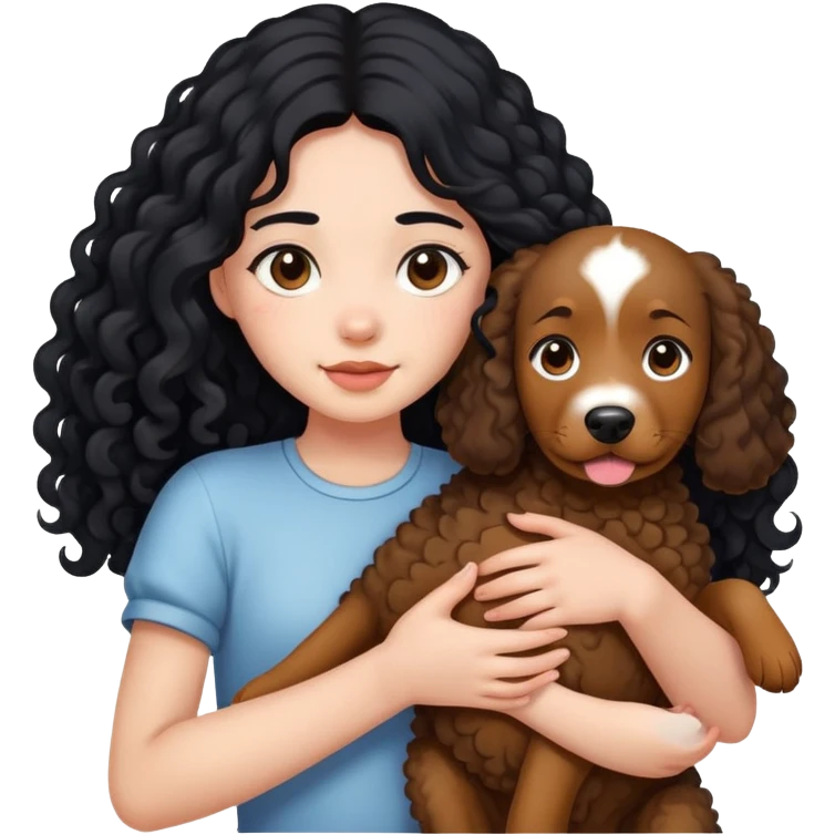 A girl with long black hair holding a curly brown giant dog emoji