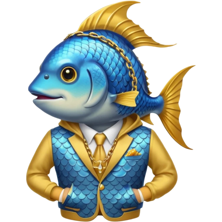 A fish on a fishing pole with a fancy suit and a watch and a chain and I golden hoodie  emoji