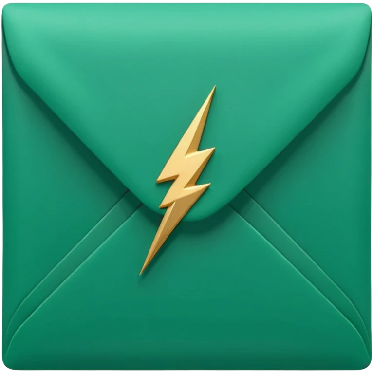3D minimal envelope icon with small lightning bolt accent, matte finish, deep green (#0B3D2C), gold (#C9B037) lightning, Apple style, ultra minimal, soft shadow, transparent background emoji
