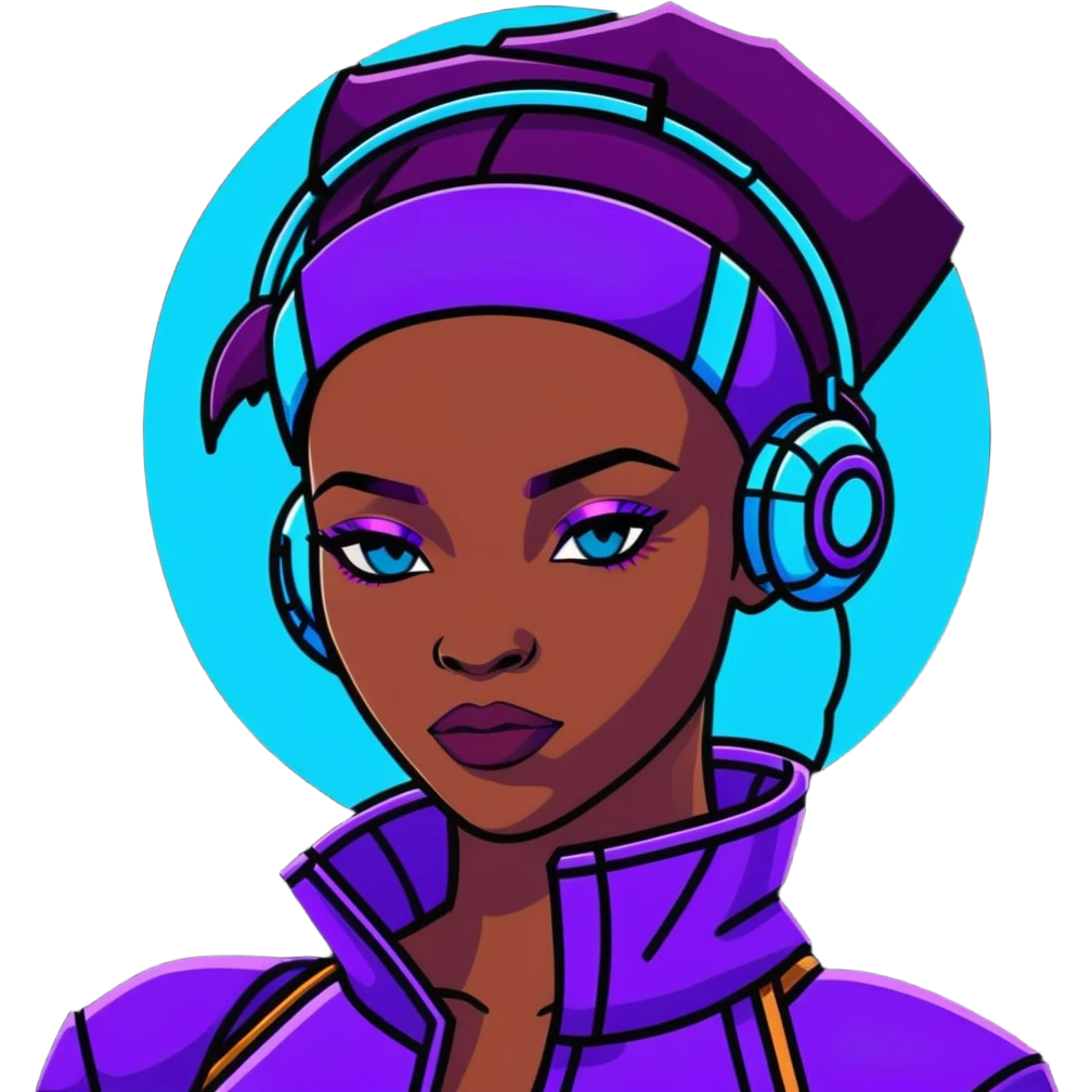 Cyberpunk African female portrait with digital augmentations, electric blue and purple lighting, high-tech headpiece with African pattern elements emoji