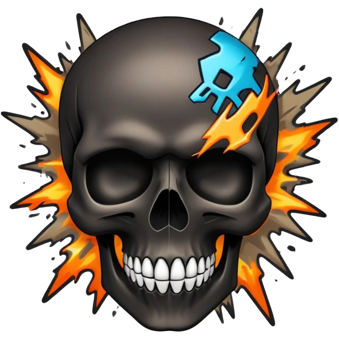 smooth black skull with wild graffiti explosion and hypebeast streetwear brand logos, angled view emoji