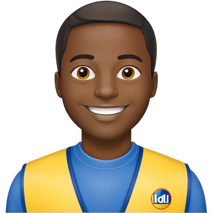 Black man smile. He has yellow and bleue cloth on him, with Lidl sloggan.  emoji