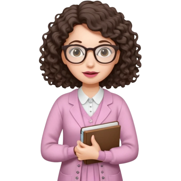 A crazy female scientist, with curly-wavy dark brown hair, brown eyes and light grey glasses and pale skin and pinkish lips, dressed to look like an english teacher emoji