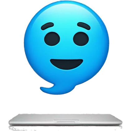 one blue Speech Balloon containing happy nerd face, and a laptop on background emoji