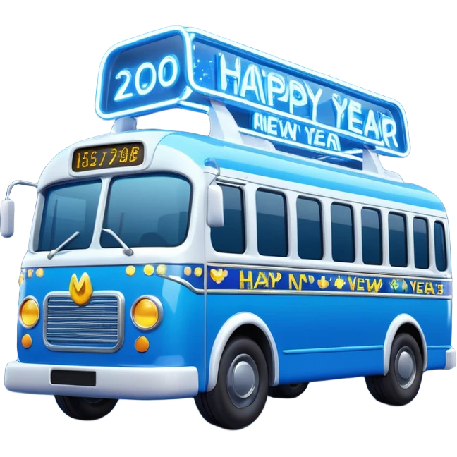 3D emoji of a modern blue
Moscow Electrobus decorated with glowing neon Christmas lights and a
"Happy New Year" digital sign on the front. Stylized 3D model, glossy finish, cute proportions, vibrant blue color, isolated on a white background. emoji