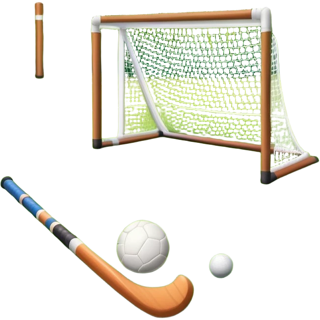 field hockey stick and ball on green grass field with goalposts emoji