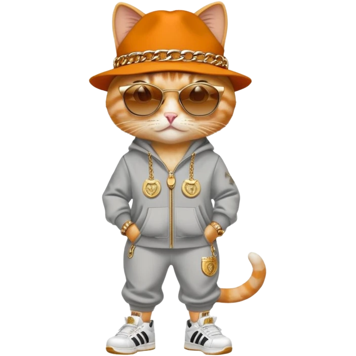 female cat dressed like Run DMC with tracksuit, fedora, Adidas shoes, dark sunglasses, lots of gold chains, rings, bracelets, earrings, upright emoji