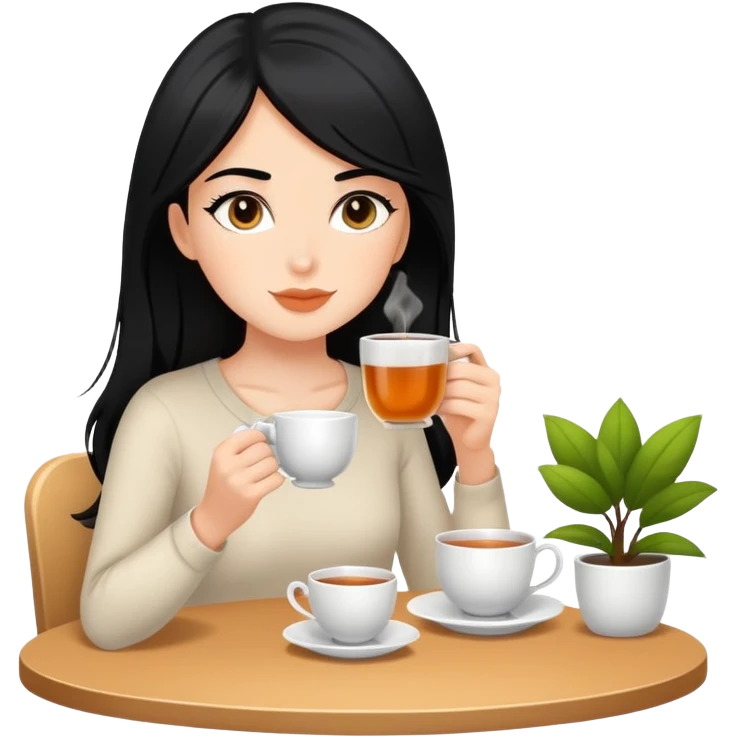 white girl with black hair doing self care, drinking tea, relaxing emoji