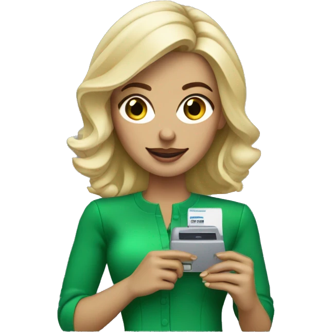 blonde woman dressed in a chic green look with a credit card machine in her hand emoji