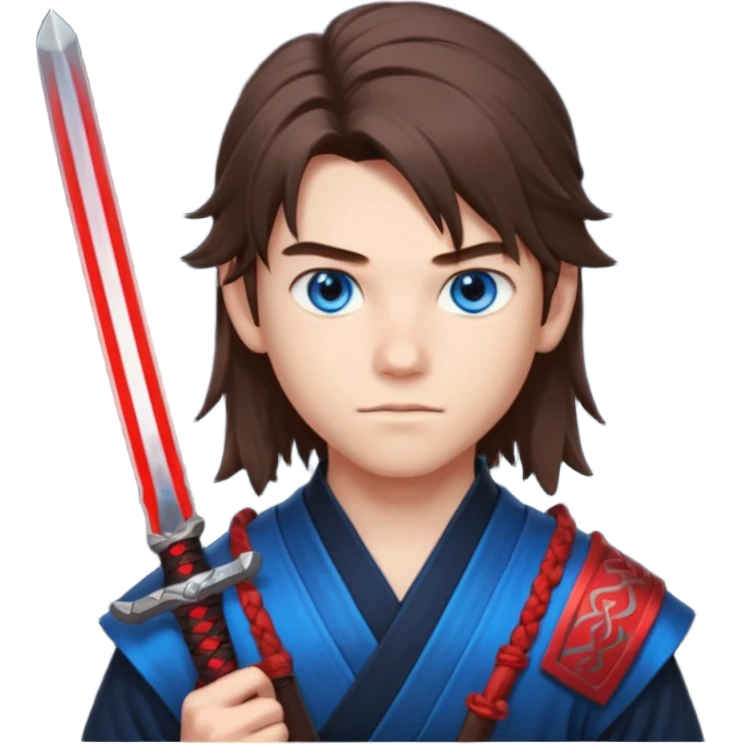 A 14 year old with red glowing katana and his hair be long and eye colour of blue make it boy  emoji