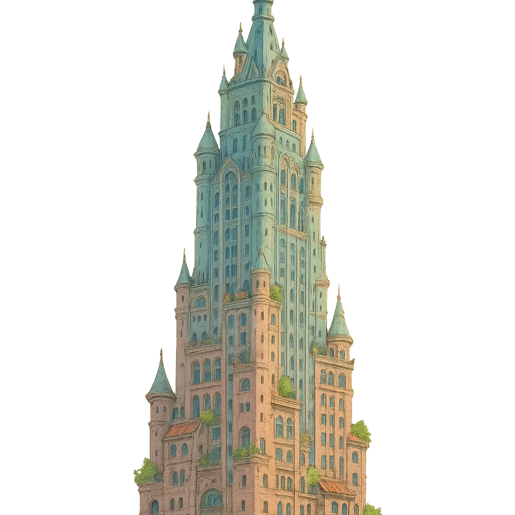 skyscraper in ghibli-inspired illustration style emoji