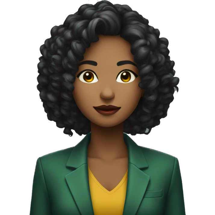 mulher com cabelo preto olho verde, com blazer colorido e criativo emoji