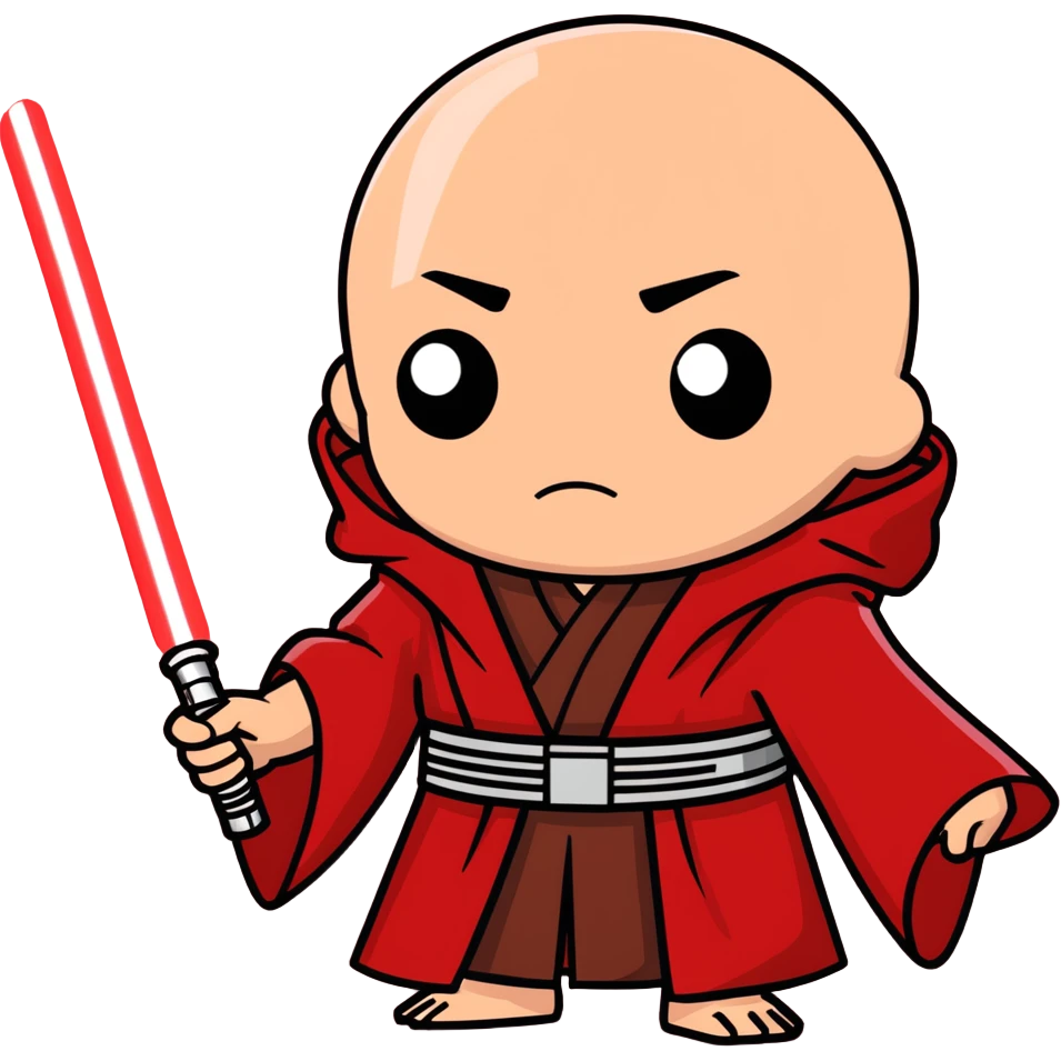 Person holding a red lightsaber with dim lighting with a dark brown robe with a scar over one eye and a broken nose  emoji