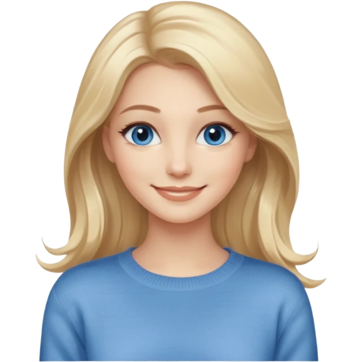 hyper realistic glamourous pale woman, Long blonde balayage hair, smiling, beige sweater & blue eyes emoji