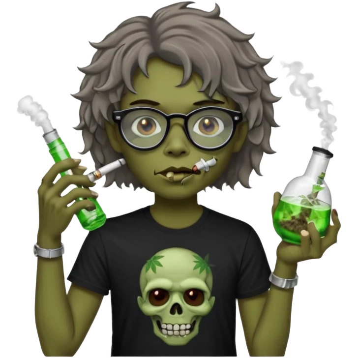 brown short wavy haired zombie getting stoned with weed t shirt and bong on his hand and wearing black chrome hearts bifocals emoji