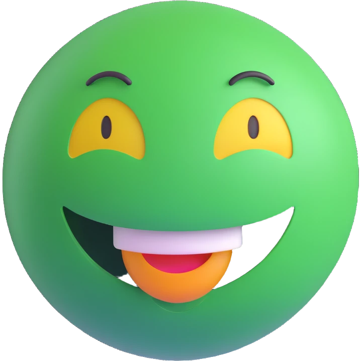 3D smiley emoji, round shape, green color, with text 'nyomom', energetic face emoji