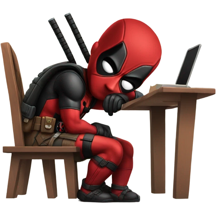 Cute Deadpool sitting at a desk, front view emoji