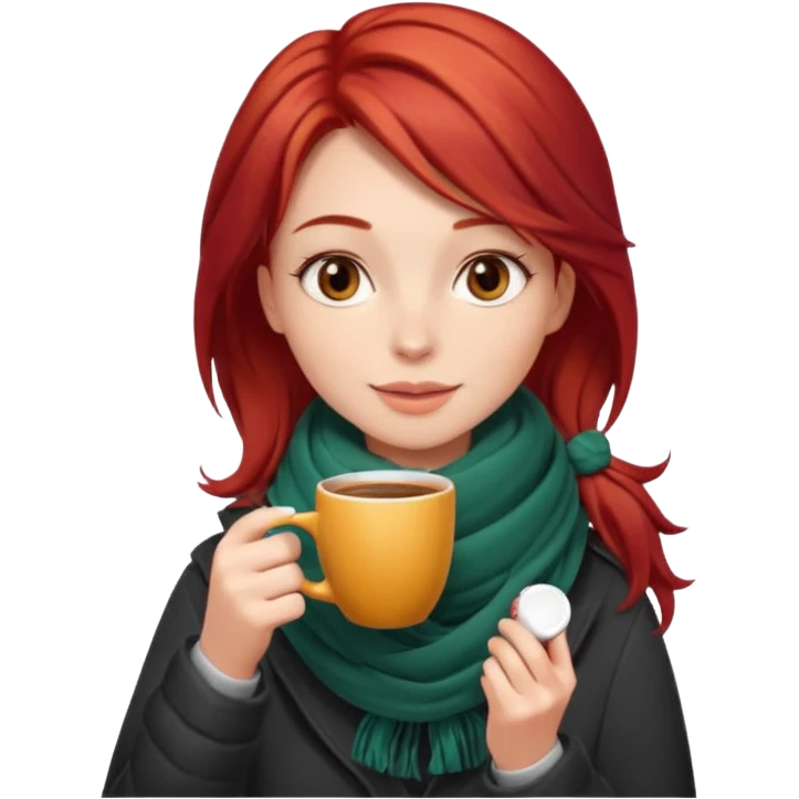 a girl drink with red layer hair, having scarf, drink coffee, enjoy emoji
