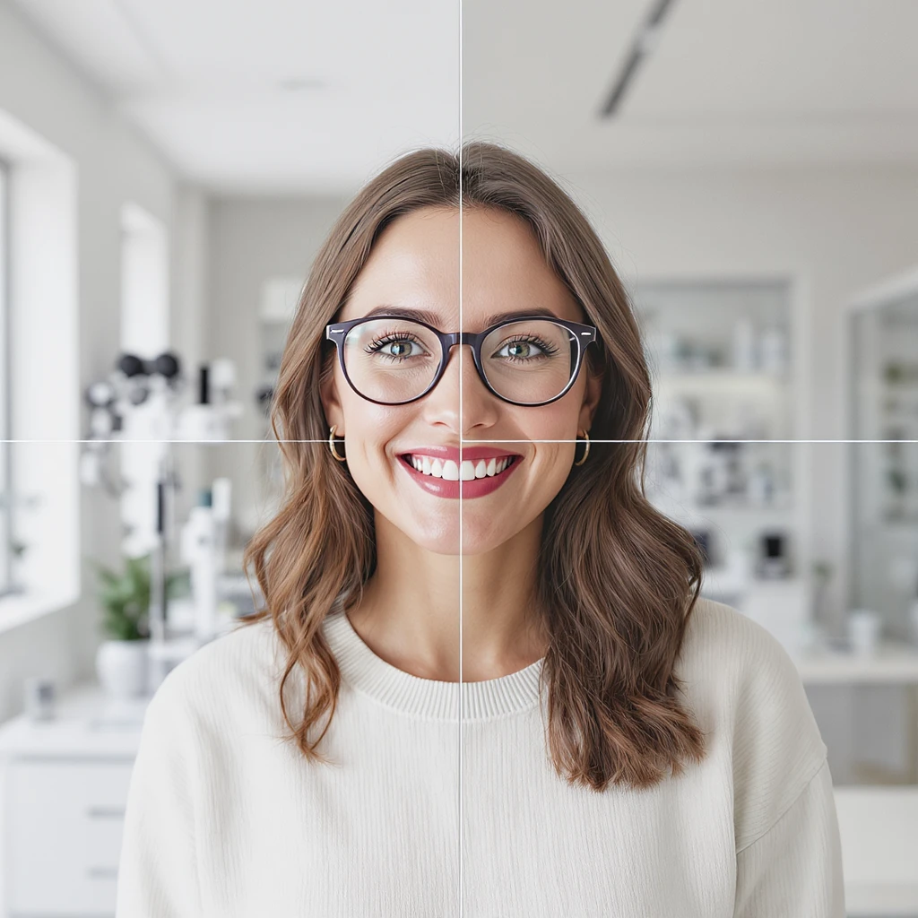 TV Advertising of a smiling woman with glasses smiling, minimalistic ophthalmologist interior in background, leading  lines, rule of thirds emoji