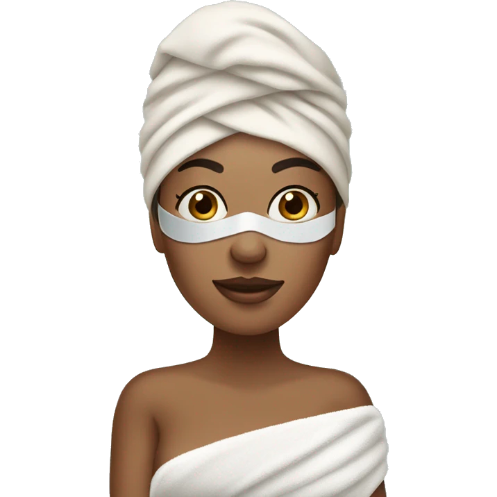Medium skin tone women on a spa day with a towel and under eye mask emoji