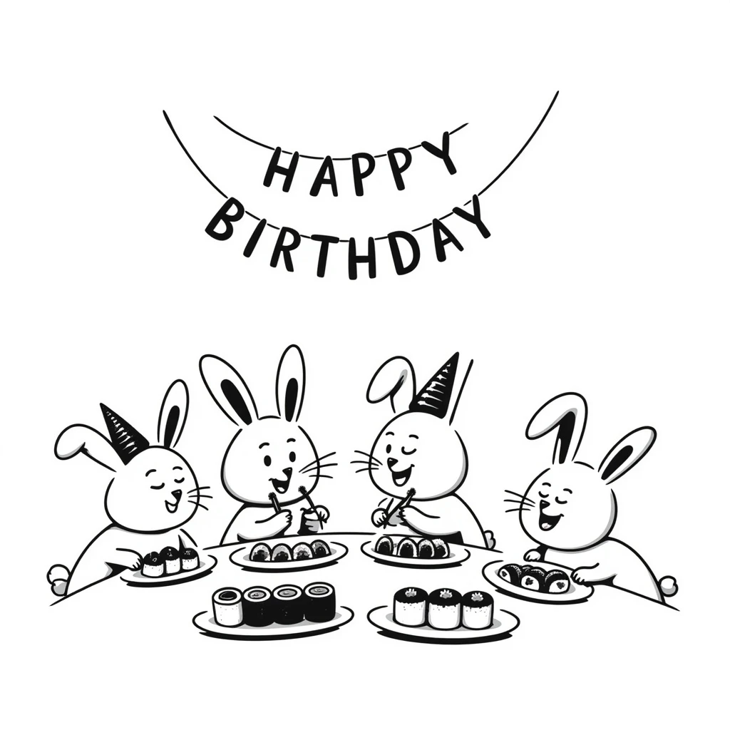 four bunny rabbits eating sushi at a birthday party, playful, hand-drawn look, sushi platters, birthday banner emoji