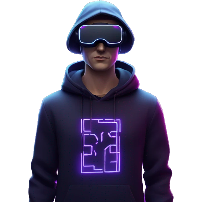 Russian man wearing a black hoodie with "OMG" letters on it and VR headset in a cyberpunk VR environment with violet neon lighting. emoji