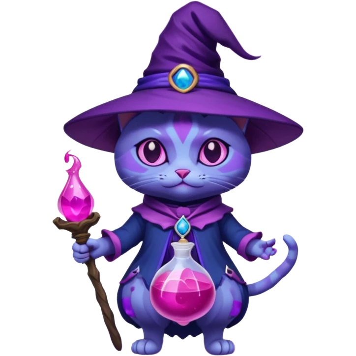Purple witch cat full body with pink potion and blue potion  emoji