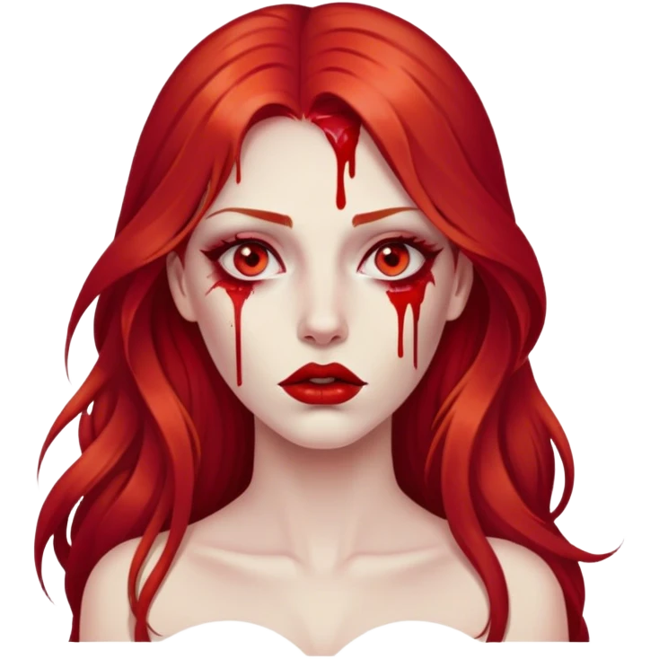 a woman with long red hair and red eyes. She have red lipstick. blood on face and metaphorical chest emoji