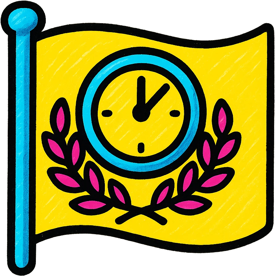 flag featuring a clock and laurel wreath, symbolizing Chronos and the gods of Olympus, in a vibrant emoji style emoji