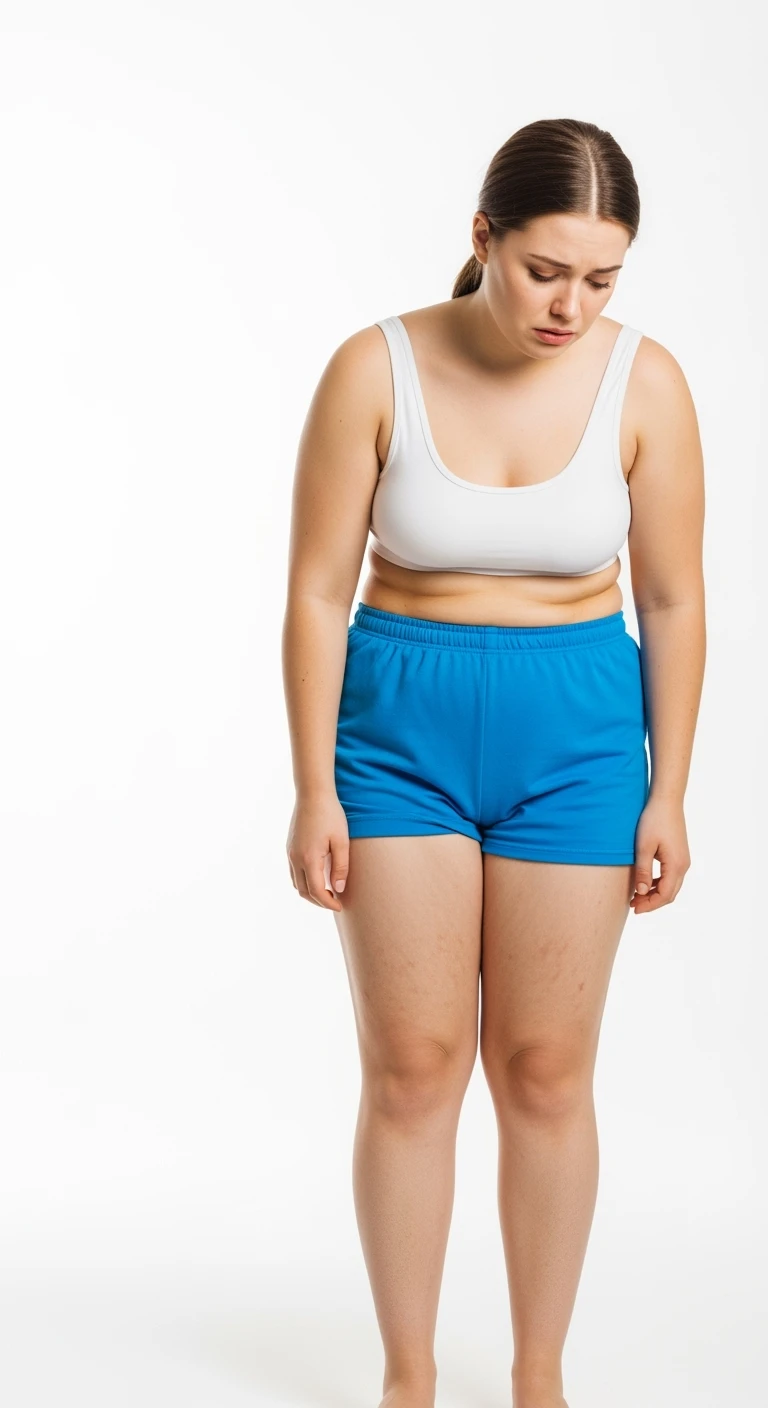 donna giovane con cellulite buchi di cellulite e ritenzione in gym short leggermente piegata in avanti, con espressione dispiaciuta in volto isolata su sfondo bianco emoji