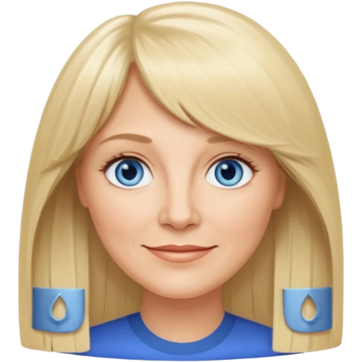 50 yr old white woman, curtain bangs, long straight blond hair, oval face, small smile, blue eyes emoji