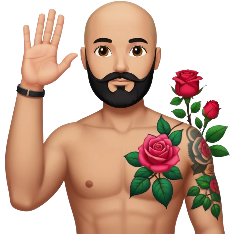 Bald man with black beard raising hand with colorful roses tattoo on forearm  emoji