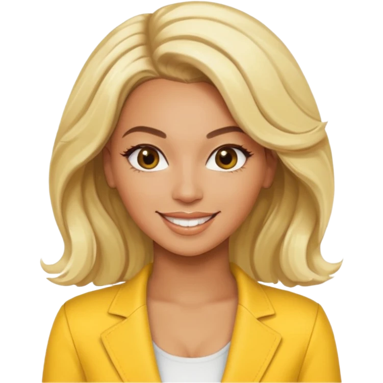 Beyonce brown eyes, platinum blonde hair, yellow outfit emoji