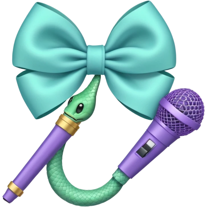 A pastel blue bow with a pastel a pastel green snake at the top of one side and a pastel purple microphone on the bottom of the other side of the bow emoji