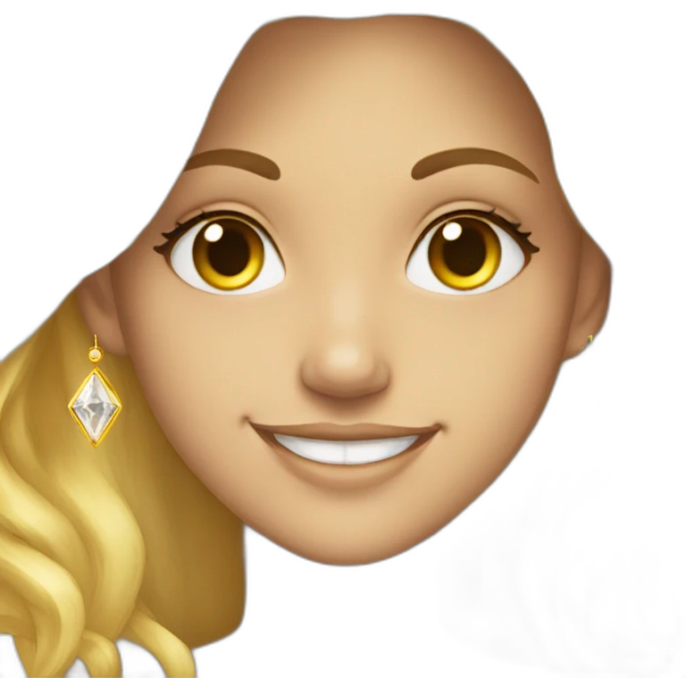 blonde, brown eyes, smiling, yellow diamond earrings, long hair, shown halfbody emoji