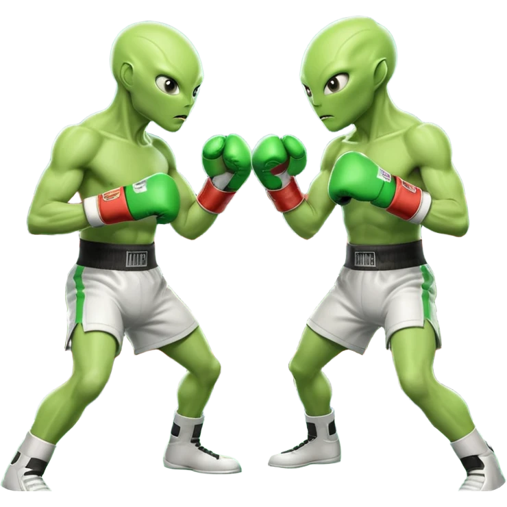 two aliens boxing in a fight stance, facing each other with raised gloves, dynamic action pose, intense expressions, sci-fi arena vibe, 3D cartoon style, mobile game icon style, clean background, no text, no watermark
 emoji