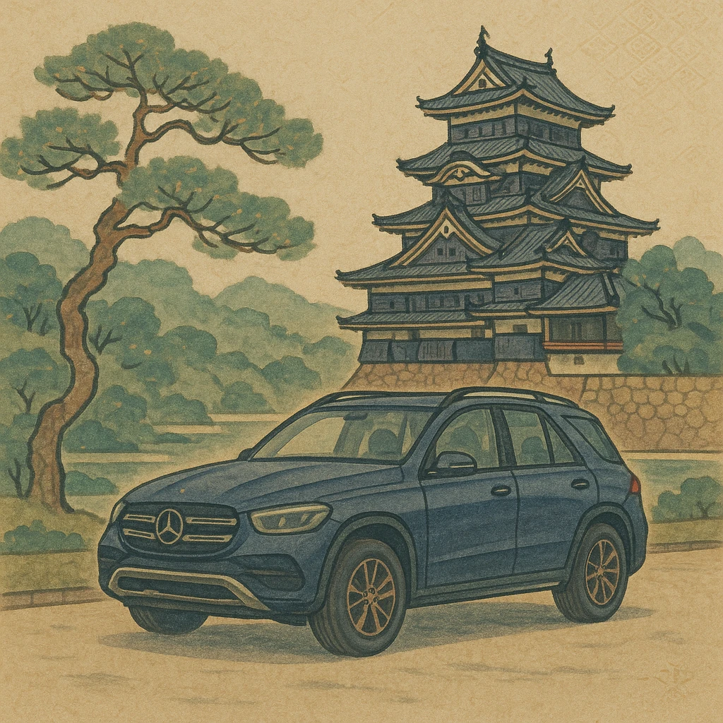 mercedes gle 166 near japanese castle emoji