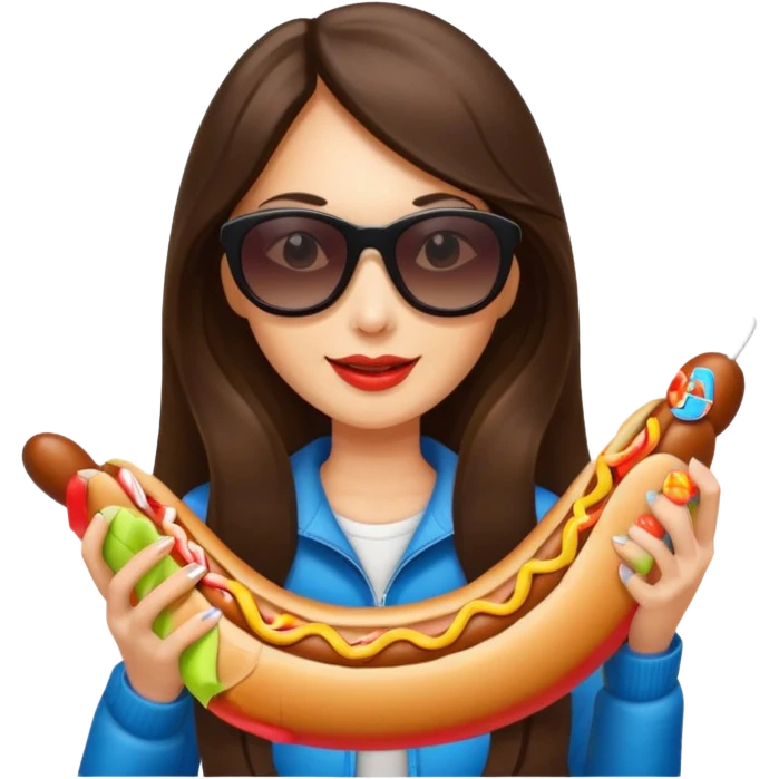 tourist brunette long hair woman with sunglasses holding hot dog emoji