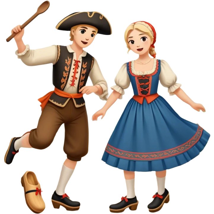 Cinematic Realistic scene of two performers executing the Klompendans, dressed in traditional Dutch costumes complete with wooden clogs and detailed folk patterns, captured in lively motion with soft, natural lighting emoji