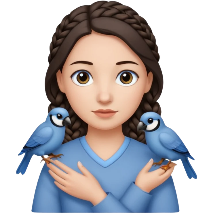 женщина с одной темно-коричневой косой серо-голубыми глазами и светлой кожей держит на руке трех птиц коричневого цвета emoji