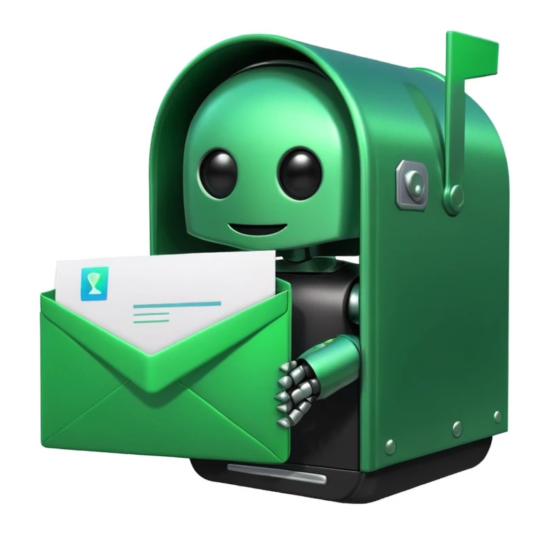 green mailbox robot, slightly smaller object in the center, black background, glowing green details, white envelope with code inside, modern tech aesthetic

 emoji