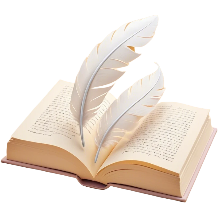 Create a delicate and poetic emoji representing poetry. The design should feature several elegantly flying pages with short poetic columns written on them. The pages should appear light and flowing, almost as if being carried by the wind. Include a white feather gently resting on the pages, symbolizing creativity and inspiration. Use soft, pastel tones like light creams to give it a dreamy, artistic feel. The design should feel ethereal and whimsical, capturing the essence of poetry. Make the background transparent. emoji