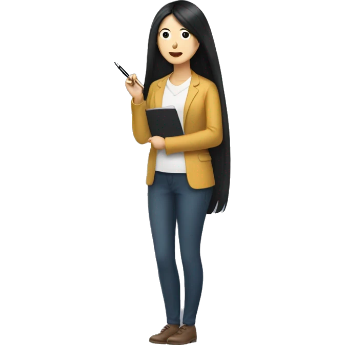 korean woman, long black hair, website copywriter holding a pen emoji