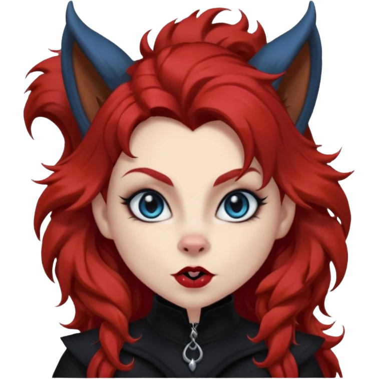  long super curly blood red hair (darker), red pointed squirrel ears with black trim, black goth outfits, body and face human, blue eyes, more pointy chin, black lipstick, one big fluffy red squirrel tail with black tips, close her mouth, less evil looking emoji