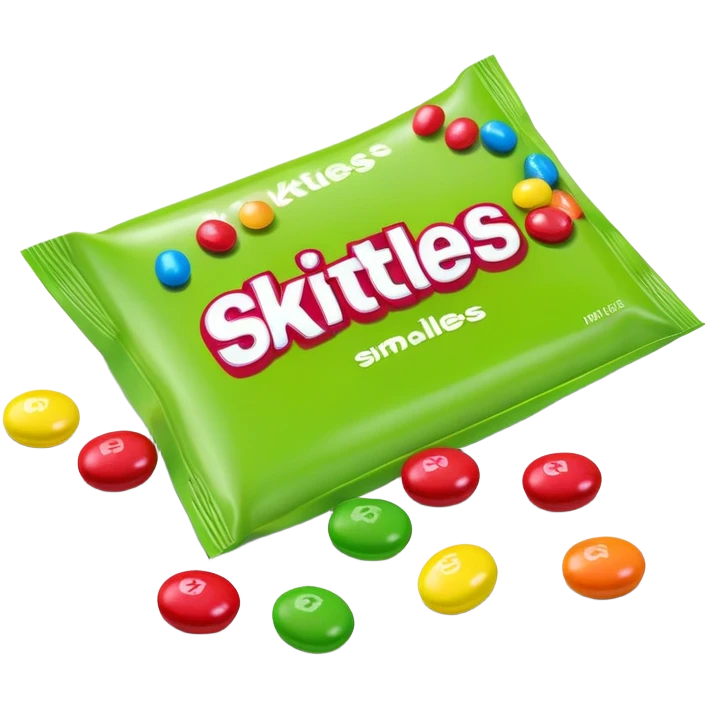 A pile of green Skittles candies next to a colorful Skittles package. Simple minimalist design. emoji