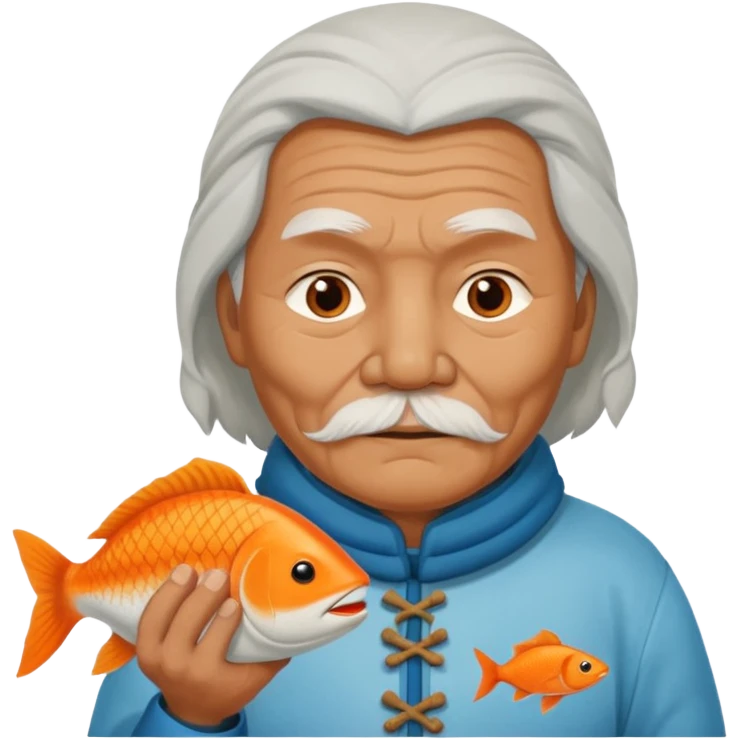 old inuit man with traditional inuit clothes and orange fish emoji