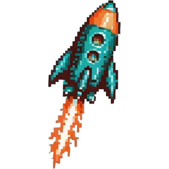 robotic teal spaceship launching to the right with rocket flames emoji