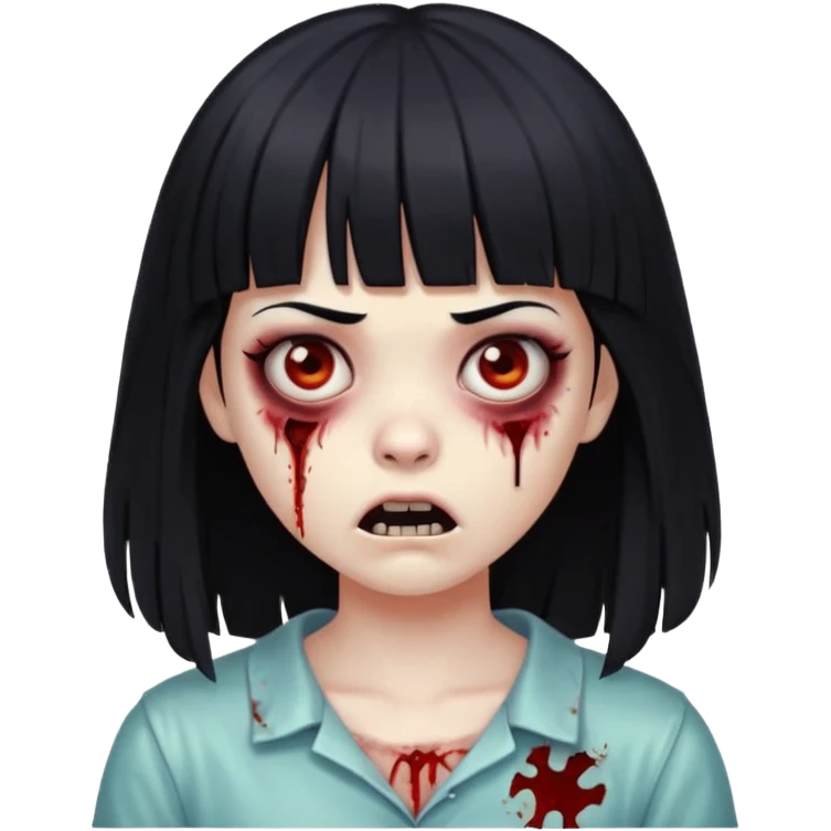 zombie girl with black hair and bangs, scary expression emoji