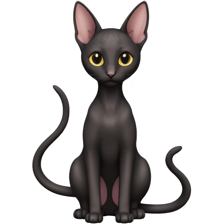 A 3D cartoon black Oriental Shorthair cat with bulky body, tall ears, reflective fur, dark cinematic background, Memoji-style. full body or half body. emoji